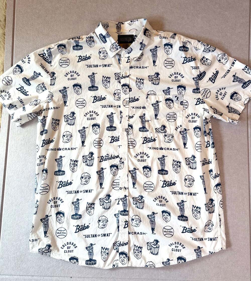 Baseballism Men’s Babe Ruth Button Up Shirt XXL Cream Navy All Over Print